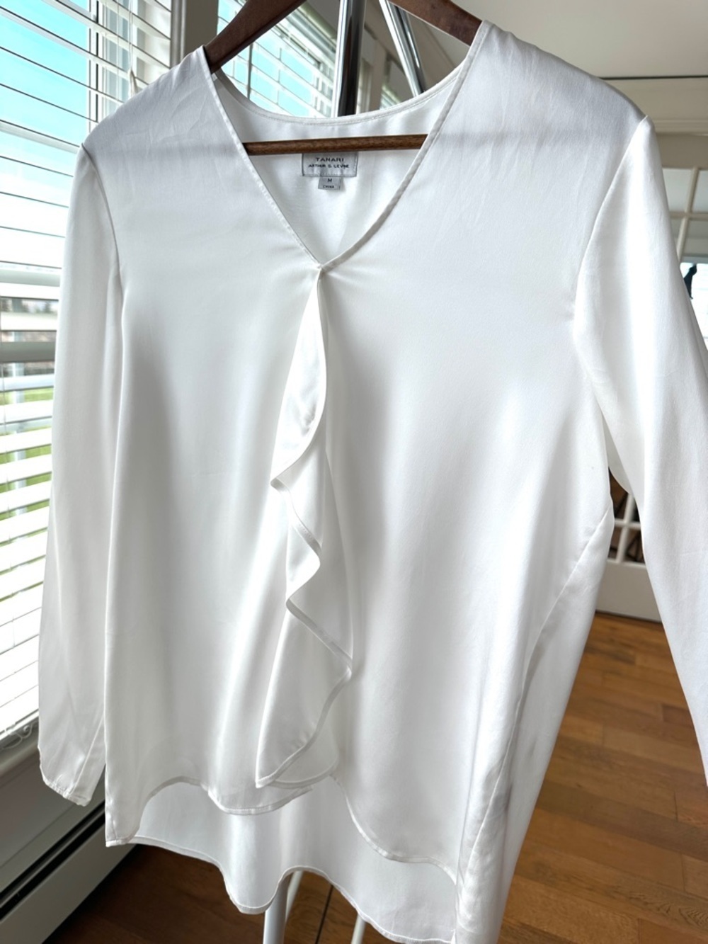 Tahari V-Neck Ruffle Detail Long Sleeve Blouse, White Satin